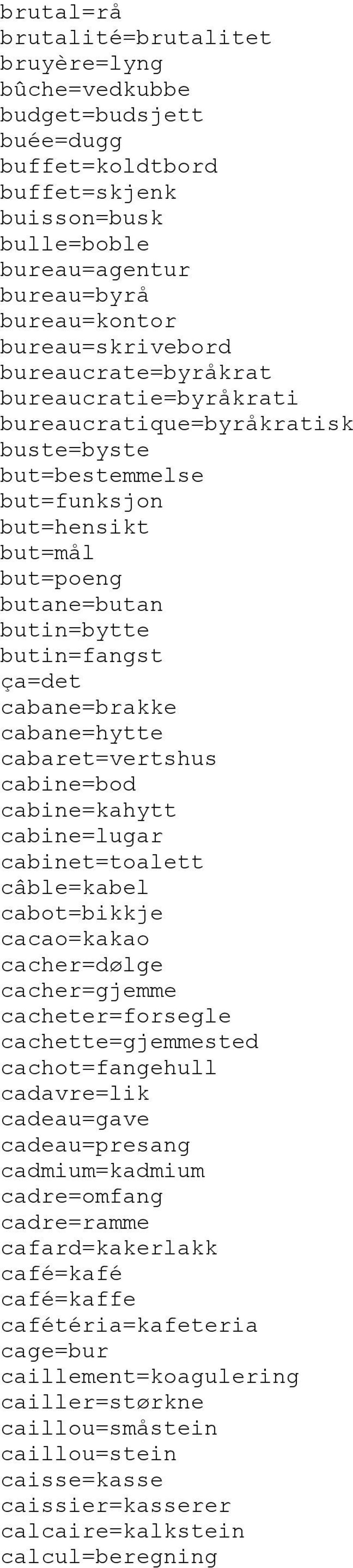 cabane=brakke cabane=hytte cabaret=vertshus cabine=bod cabine=kahytt cabine=lugar cabinet=toalett câble=kabel cabot=bikkje cacao=kakao cacher=dølge cacher=gjemme cacheter=forsegle cachette=gjemmested