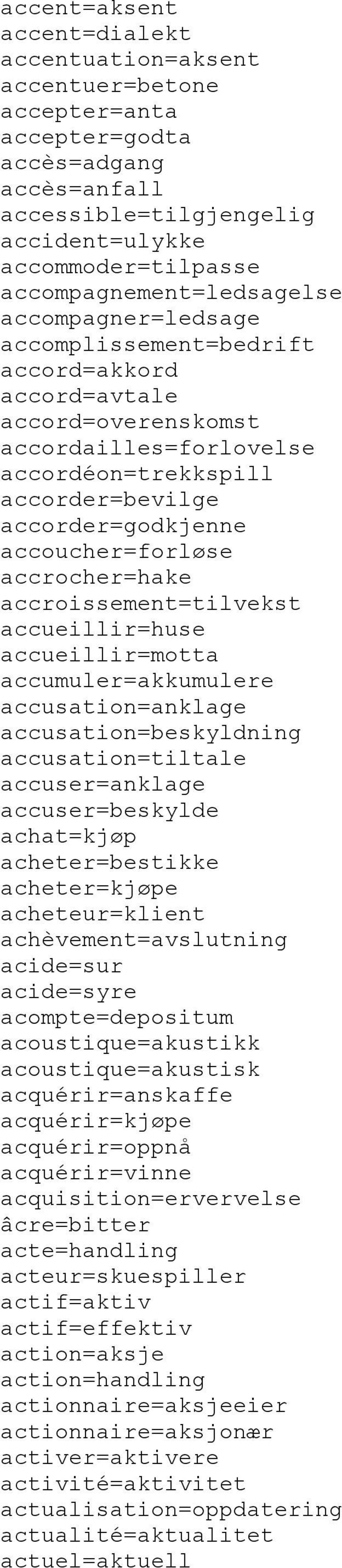 accoucher=forløse accrocher=hake accroissement=tilvekst accueillir=huse accueillir=motta accumuler=akkumulere accusation=anklage accusation=beskyldning accusation=tiltale accuser=anklage