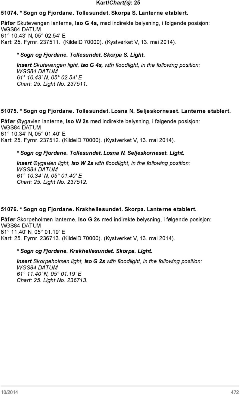 Insert Skutevengen light, Iso G 4s, with floodlight, in the following position: 61 10.43' N, 05 02.54' E Chart: 25. Light No. 237511. 51075. * Sogn og Fjordane. Tollesundet. Losna N. Seljeskorneset.