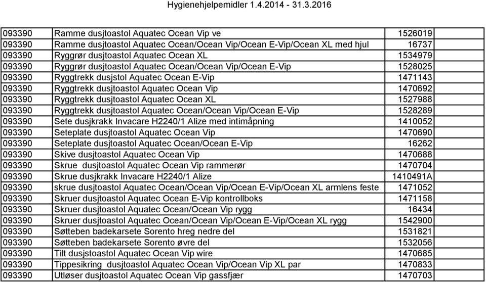 dusjtoastol Aquatec Ocean XL 1527988 093390 Ryggtrekk dusjtoastol Aquatec Ocean/Ocean Vip/Ocean E-Vip 1528289 093390 Sete dusjkrakk Invacare H2240/1 Alize med intimåpning 1410052 093390 Seteplate