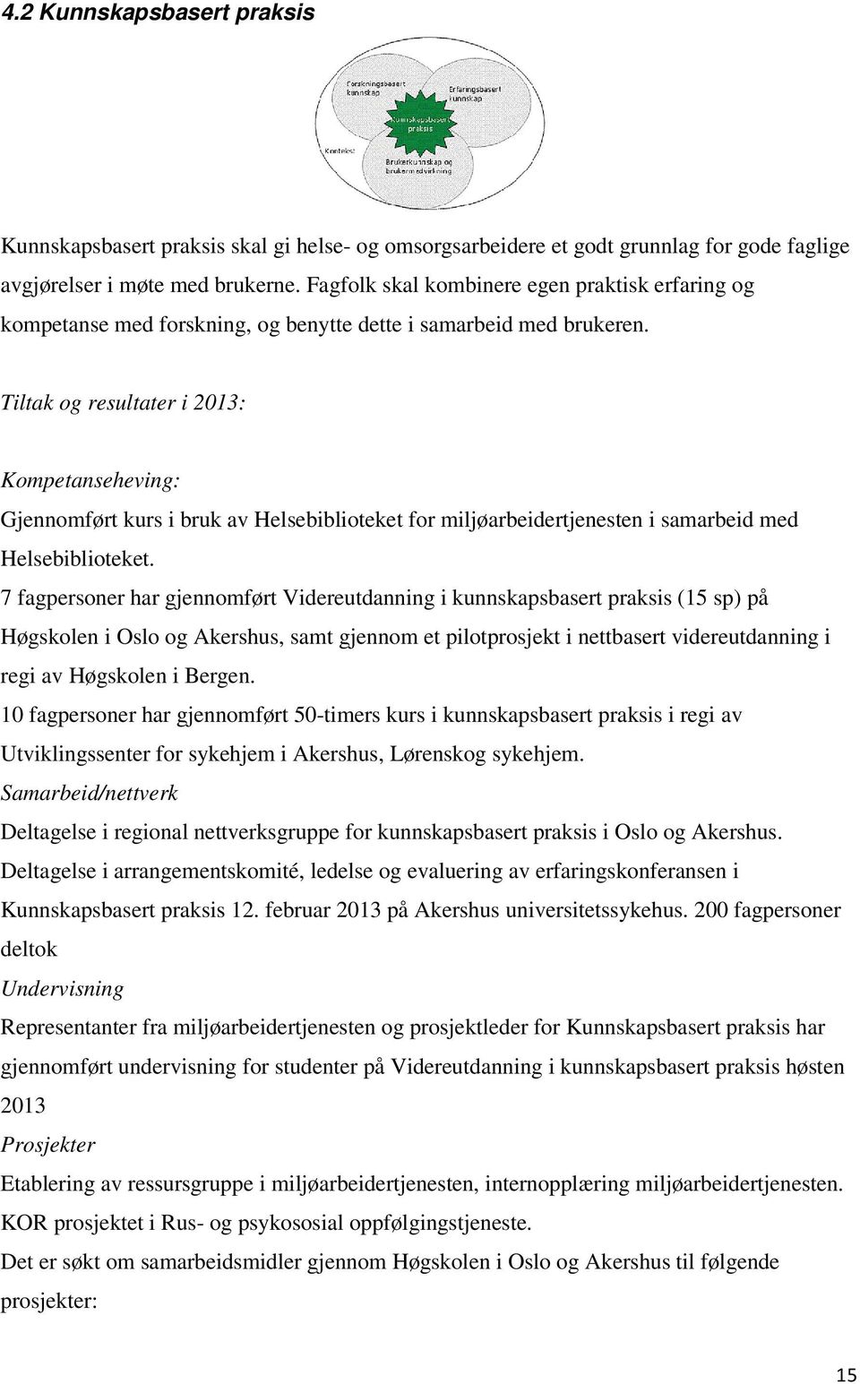 Tiltak og resultater i 2013: Kompetanseheving: Gjennomført kurs i bruk av Helsebiblioteket for miljøarbeidertjenesten i samarbeid med Helsebiblioteket.