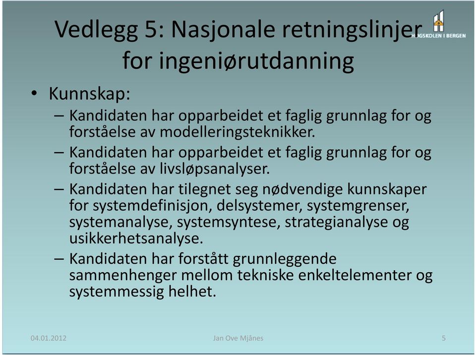 Kandidaten har tilegnet seg nødvendige kunnskaper for systemdefinisjon, delsystemer, systemgrenser, systemanalyse, systemsyntese,