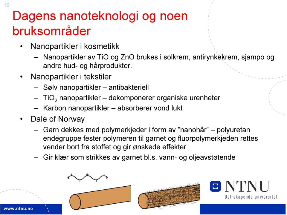 Nanopartikler i tekstiler Sølv nanopartikler antibakteriell TiO 2 nanopartikler dekomponerer organiske urenheter Karbon nanopartikler