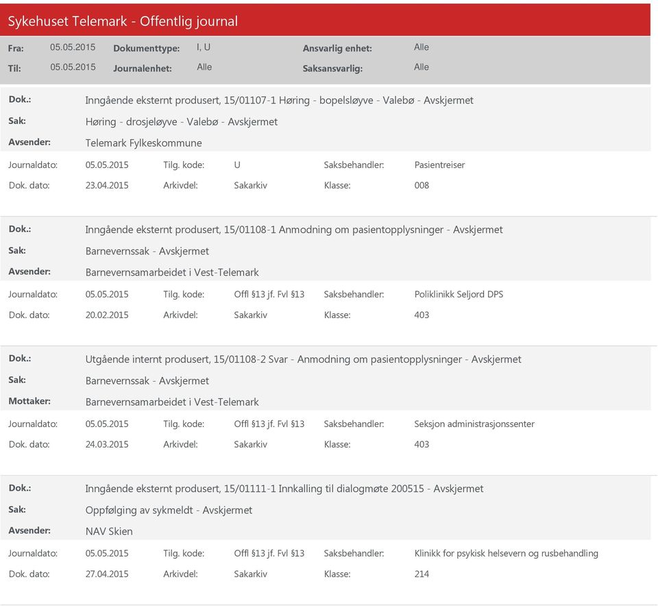 dato: 20.02.2015 Arkivdel: Sakarkiv tgående internt produsert, 15/01108-2 Svar - Anmodning om pasientopplysninger - Barnevernssak - Barnevernsamarbeidet i Vest-Telemark Dok. dato: 24.03.