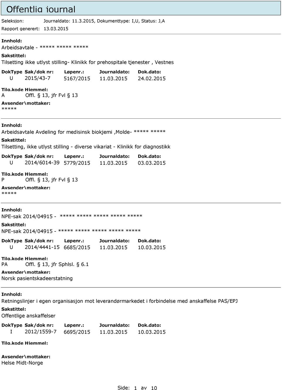 2015 Arbeidsavtale Avdeling for medisinsk biokjemi,molde- Tilsetting, ikke utlyst stilling - diverse vikariat - Klinikk for diagnostikk P 2014/6014-39 5779/2015 Offl.