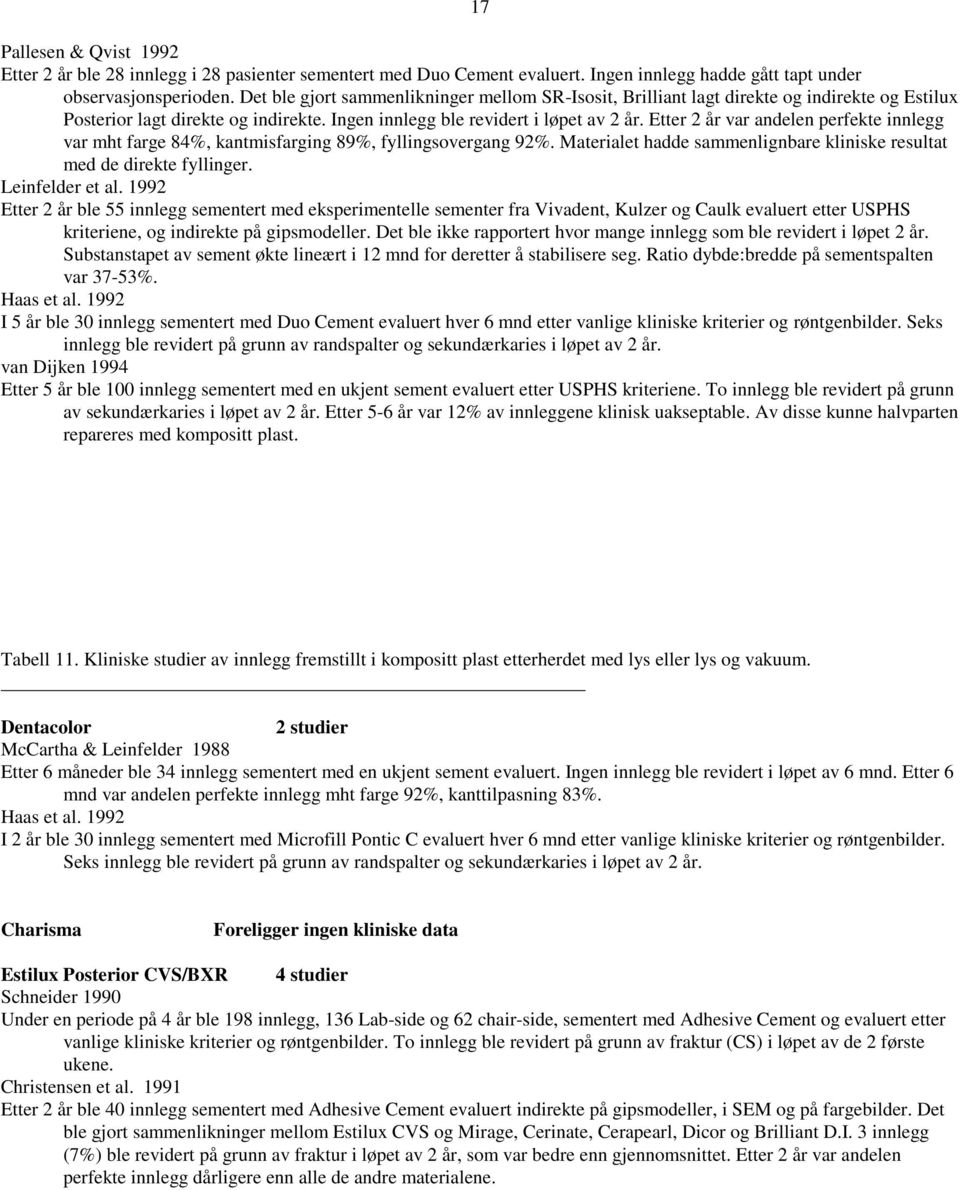 Etter 2 år var andelen perfekte innlegg var mht farge 84%, kantmisfarging 89%, fyllingsovergang 92%. Materialet hadde sammenlignbare kliniske resultat med de direkte fyllinger. Leinfelder et al.