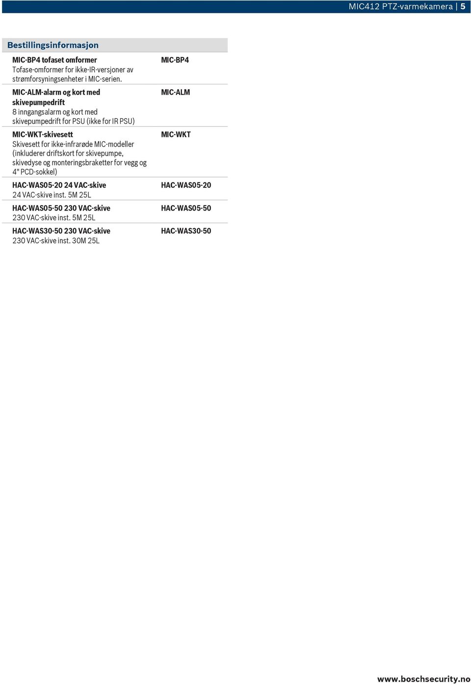 MIC-modeller (inkluderer driftskort for skivepumpe, skivedyse og monteringsbraketter for vegg og 4" PCD-sokkel) HAC-WAS05-20 24 VAC-skive 24 VAC-skive inst.