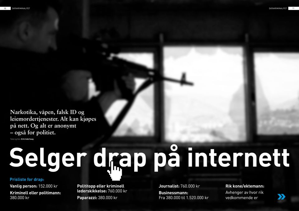 Tekst og foto: Erik Inderhaug Selger drap på internett Prisliste for drap: Vanlig person: 152.