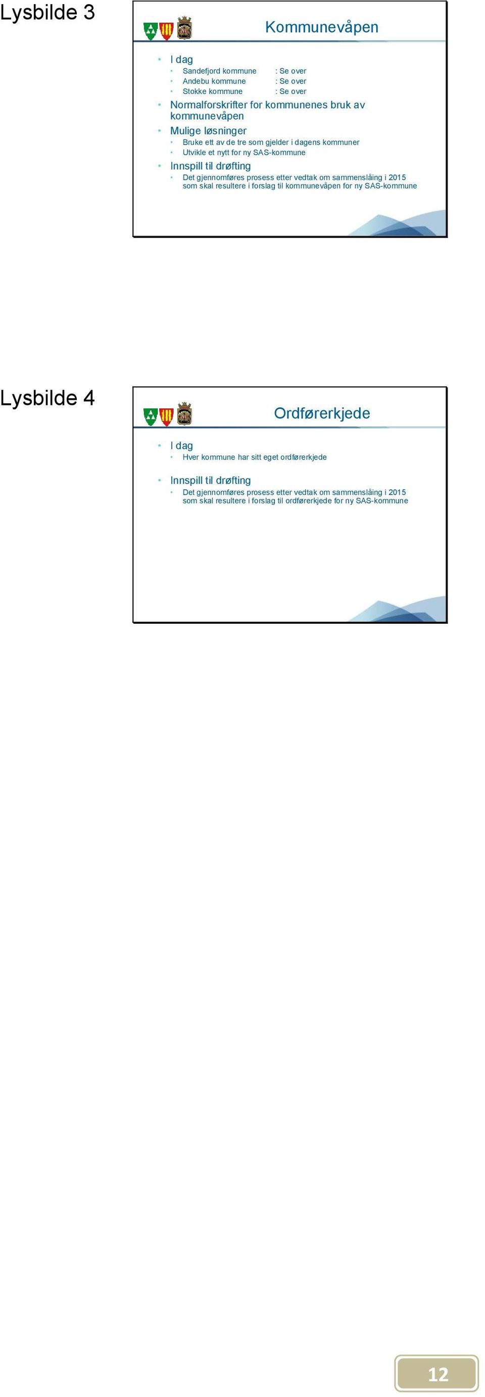 prosess etter vedtak om sammenslåing i 2015 som skal resultere i forslag til kommunevåpen for ny SAS-kommune Lysbilde 4 Ordførerkjede I dag Hver kommune har