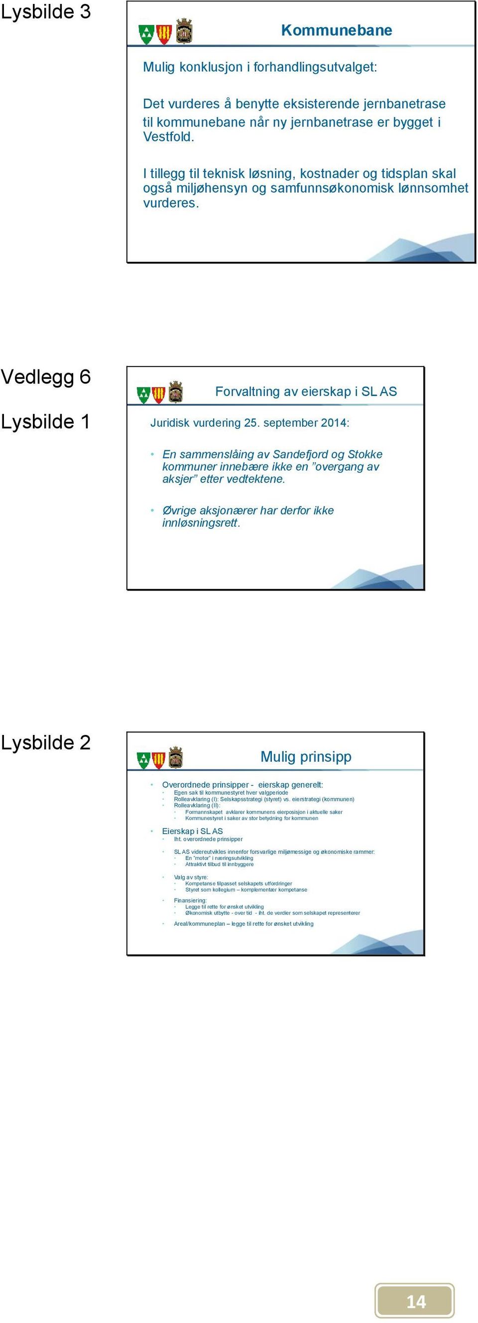 september 2014: En sammenslåing av Sandefjord og Stokke kommuner innebære ikke en overgang av aksjer etter vedtektene. Øvrige aksjonærer har derfor ikke innløsningsrett.