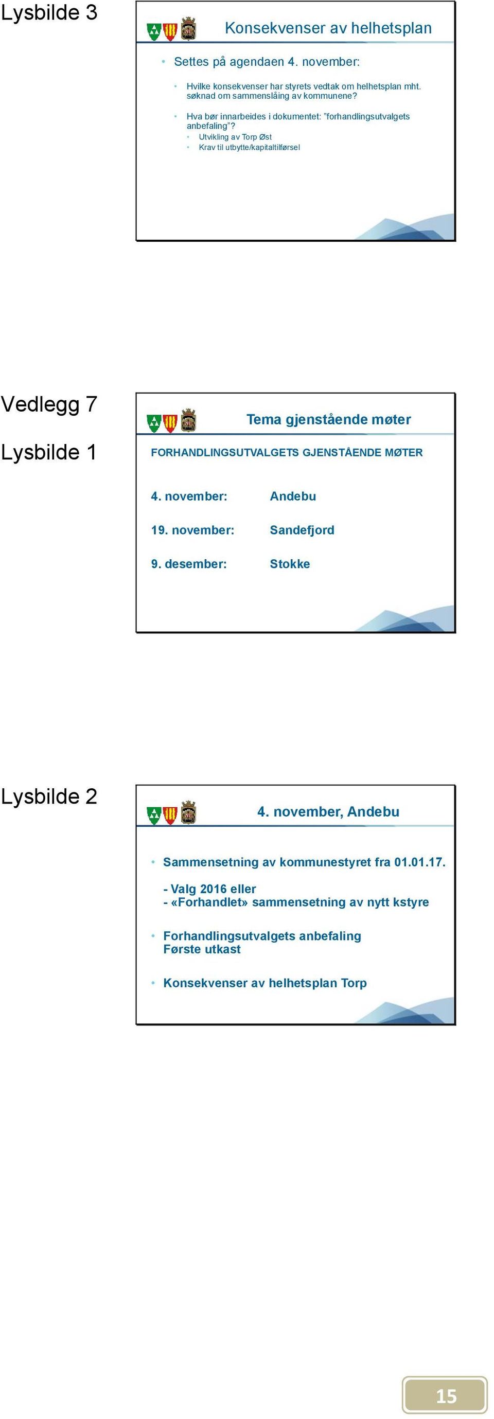 Utvikling av Torp Øst Krav til utbytte/kapitaltilførsel Vedlegg 7 Lysbilde 1 Tema gjenstående møter FORHANDLINGSUTVALGETS GJENSTÅENDE MØTER 4. november: Andebu 19.