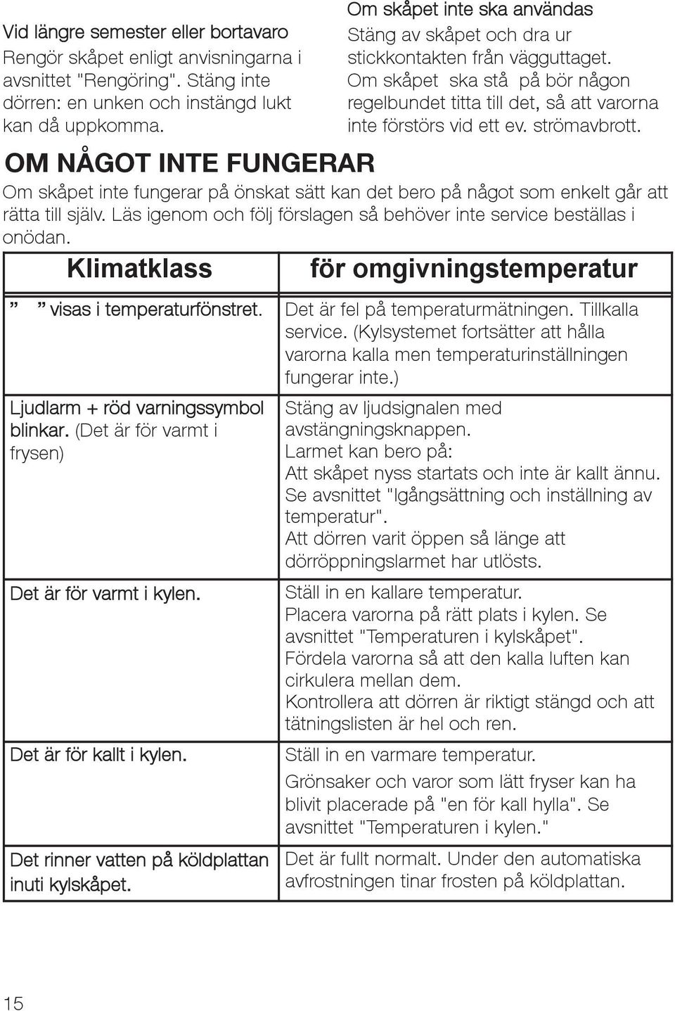 strömavbrott. OM NÅGOT INTE FUNGERAR Om skåpet inte fungerar på önskat sätt kan det bero på något som enkelt går att rätta till själv.