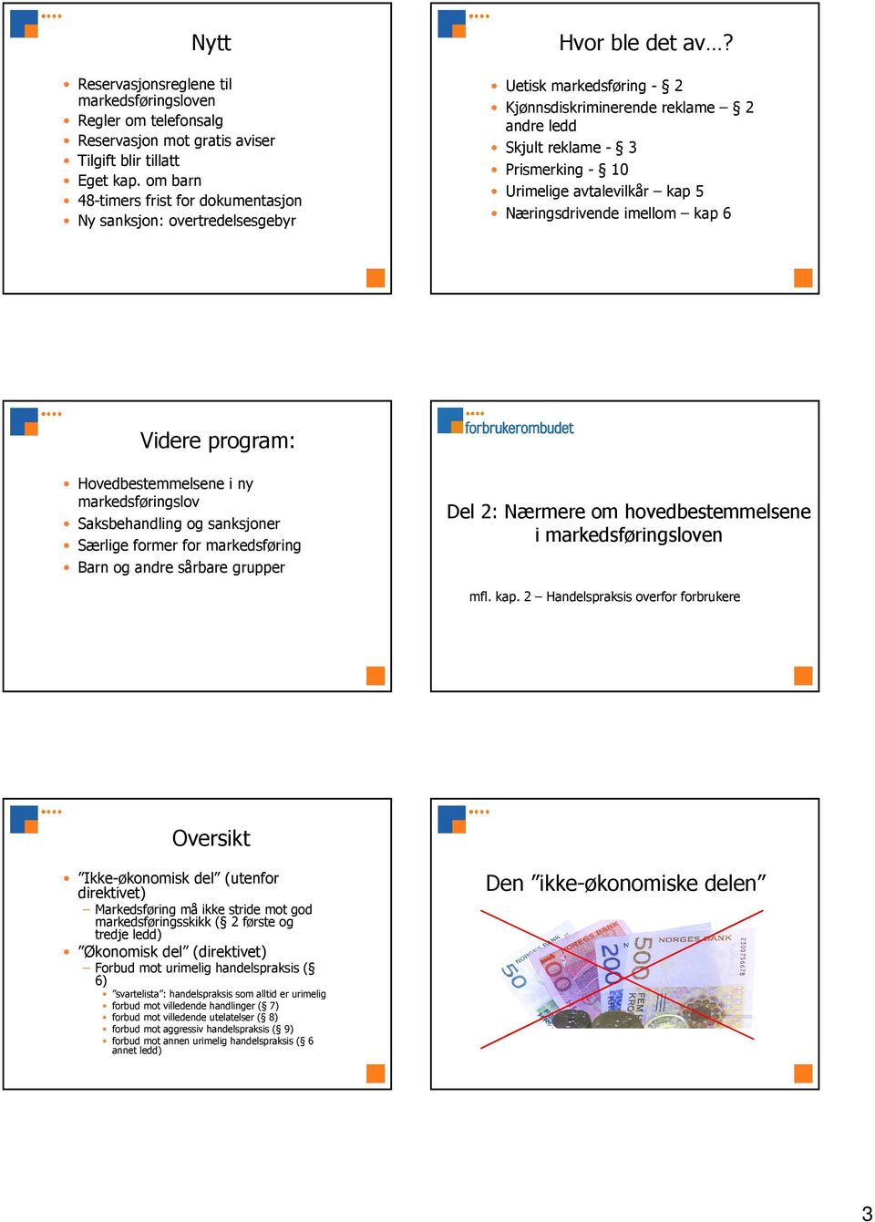 Uetisk markedsføring - 2 Kjønnsdiskriminerende reklame 2 andre ledd Skjult reklame - 3 Prismerking - 10 Urimelige avtalevilkår kap 5 Næringsdrivende imellom kap 6 Videre program: Hovedbestemmelsene i
