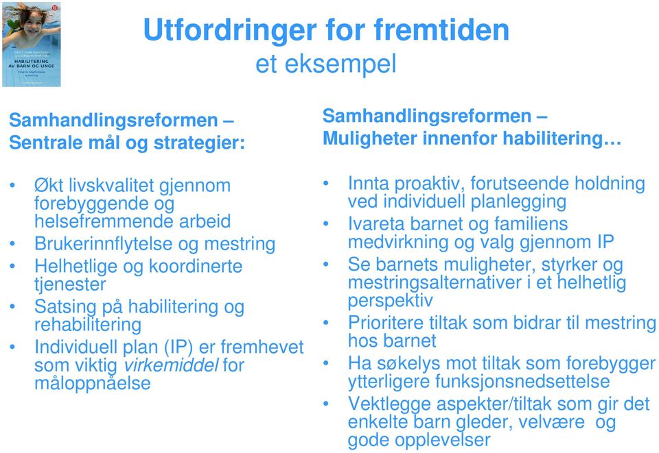 proaktiv, forutseende holdning ved individuell planlegging Ivareta barnet og familiens medvirkning og valg gjennom IP Se barnets muligheter, styrker og mestringsalternativer i et helhetlig perspektiv