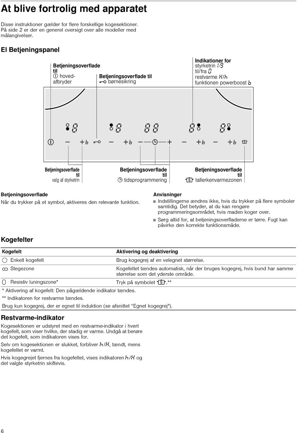 Det betyder, at du kan rengøre programmeringsområdet, hvis maden koger over. Sørg altid for, at betjeningsoverfladerne er tørre. Fugt kan påvirke den korrekte funktionsmåde.