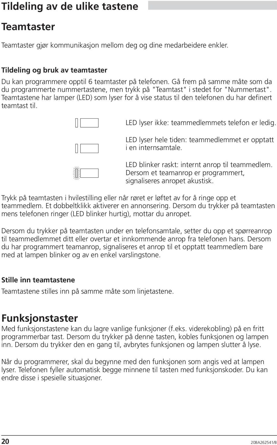 Teamtastene har lamper (LED) som lyser for å vise status til den telefonen du har definert teamtast til. LED lyser ikke: teammedlemmets telefon er ledig.