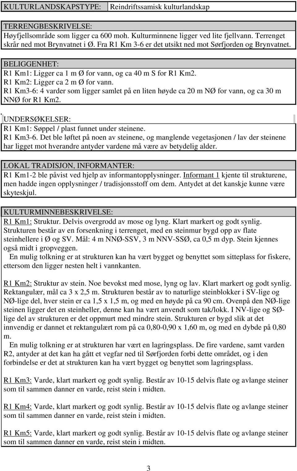 R1 Km3-6: 4 varder som ligger samlet på en liten høyde ca 20 m NØ for vann, og ca 30 m NNØ for R1 Km2. UNDERSØKELSER: R1 Km1: Søppel / plast funnet under steinene. R1 Km3-6.