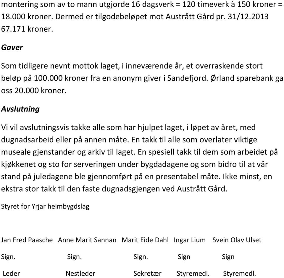 fra en anonym giver i Sandefjord. Ørland sparebank ga oss 20.000 kroner. Avslutning Vi vil avslutningsvis takke alle som har hjulpet laget, i løpet av året, med dugnadsarbeid eller på annen måte.