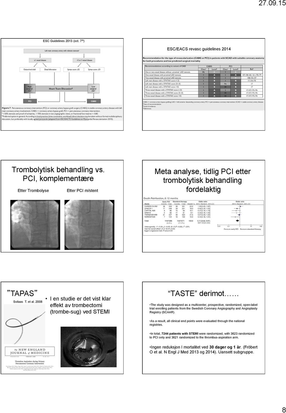 2008 I en studie er det vist klar effekt av trombectomi (trombe-sug) ved STEMI TASTE derimot The study was designed as a multicenter, prospective, randomized, open-label trial enrolling patients from