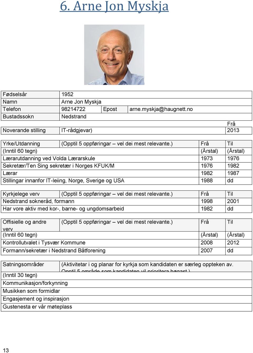 ) Frå Til (Inntil 60 tegn) (Årstal) (Årstal) Lærarutdanning ved Volda Lærarskule 1973 1976 Sekretær/Ten Sing sekretær i Norges KFUK/M 1976 1982 Lærar 1982 1987 Stillingar innanfor IT-leiing, Norge,