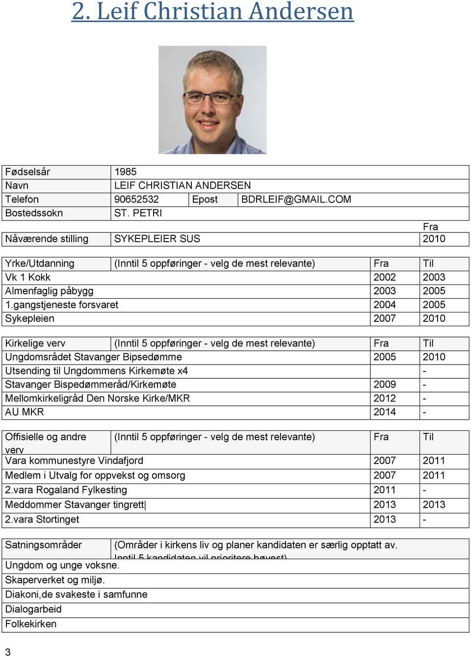 gangstjeneste forsvaret 2004 2005 Sykepleien 2007 2010 Kirkelige verv (Inntil 5 oppføringer - velg de mest relevante) Fra Til Ungdomsrådet Stavanger Bipsedømme 2005 2010 Utsending til Ungdommens