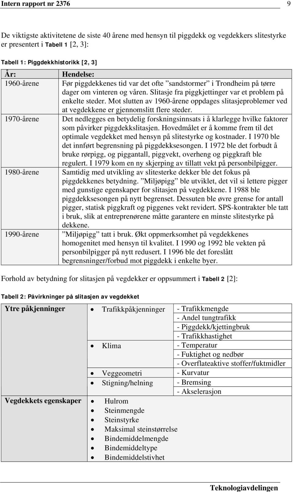 Slitasje fra piggkjettinger var et problem på enkelte steder. Mot slutten av 1960-årene oppdages slitasjeproblemer ved at vegdekkene er gjennomslitt flere steder.