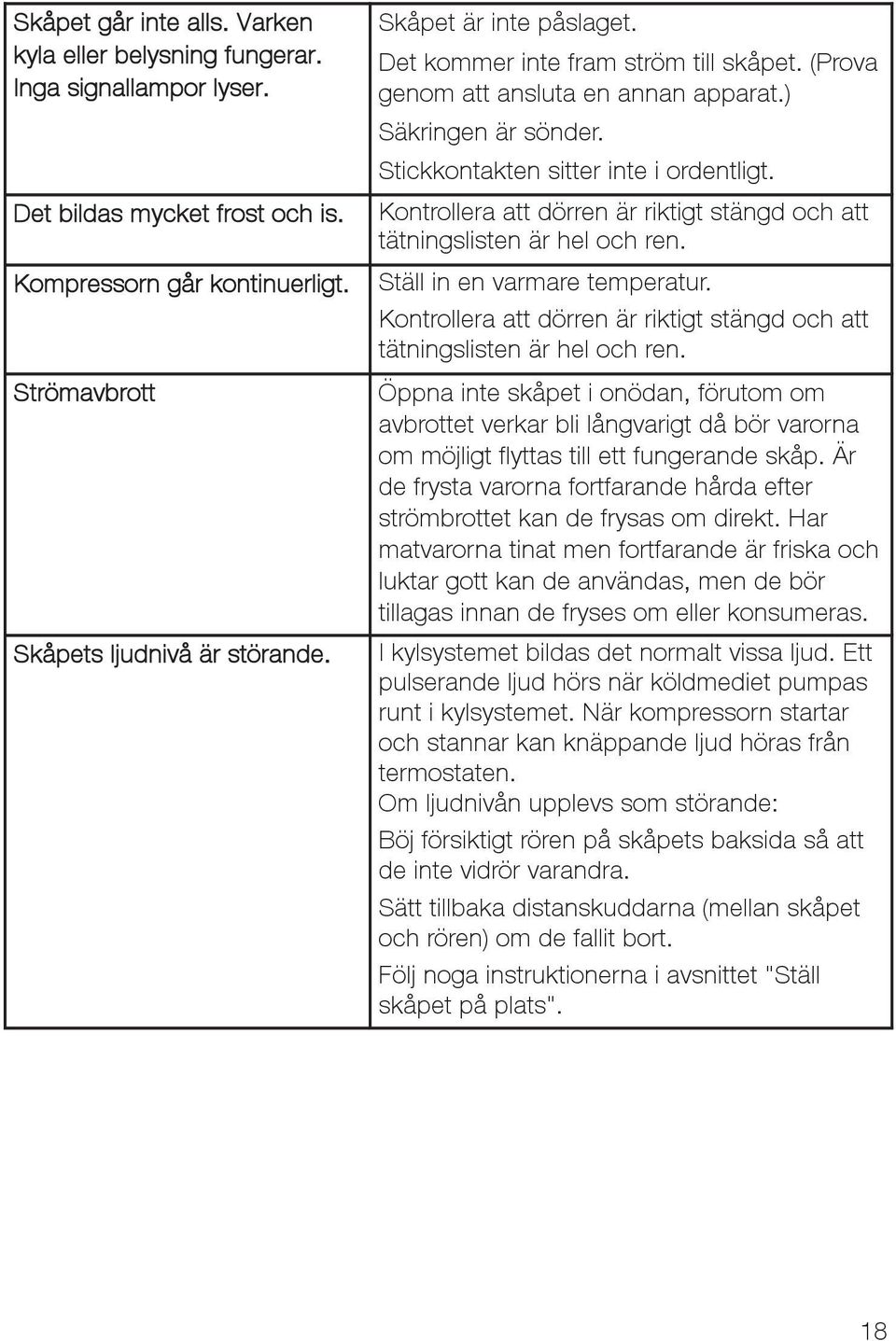 Kontrollera att dörren är riktigt stängd och att tätningslisten är hel och ren. Ställ in en varmare temperatur. Kontrollera att dörren är riktigt stängd och att tätningslisten är hel och ren.