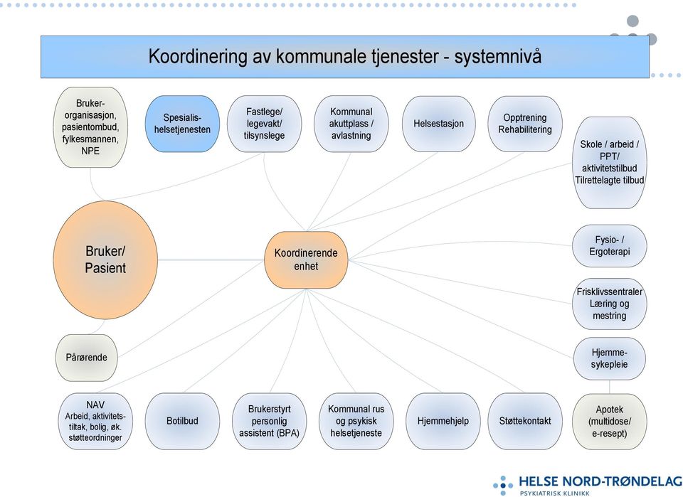 Pasient Koordinerende enhet Fysio- / Ergoterapi Frisklivssentraler Læring og mestring Pårørende Hjemmesykepleie NAV Arbeid, aktivitetstiltak, bolig, øk.