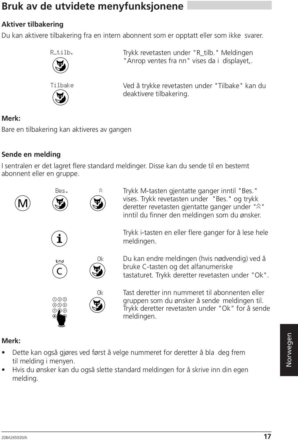 erk: Bare en tilbakering kan aktiveres av gangen Sende en melding I sentralen er det lagret flere standard meldinger. Disse kan du sende til en bestemt abonnent eller en gruppe. Bes.