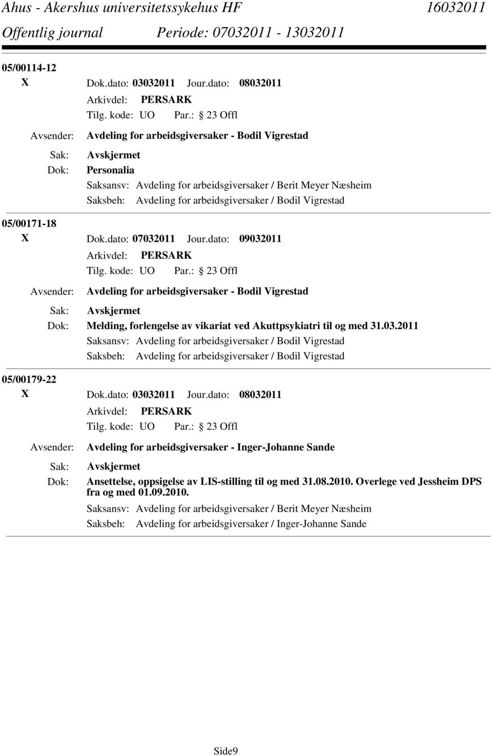 05/00171-18 X Dok.dato: 07032011 Jour.dato: 09032011 Avdeling for arbeidsgiversaker - Bodil Vigrestad Melding, forlengelse av vikariat ved Akuttpsykiatri til og med 31.03.2011 Saksansv: Avdeling for arbeidsgiversaker / Bodil Vigrestad Saksbeh: Avdeling for arbeidsgiversaker / Bodil Vigrestad 05/00179-22 X Dok.