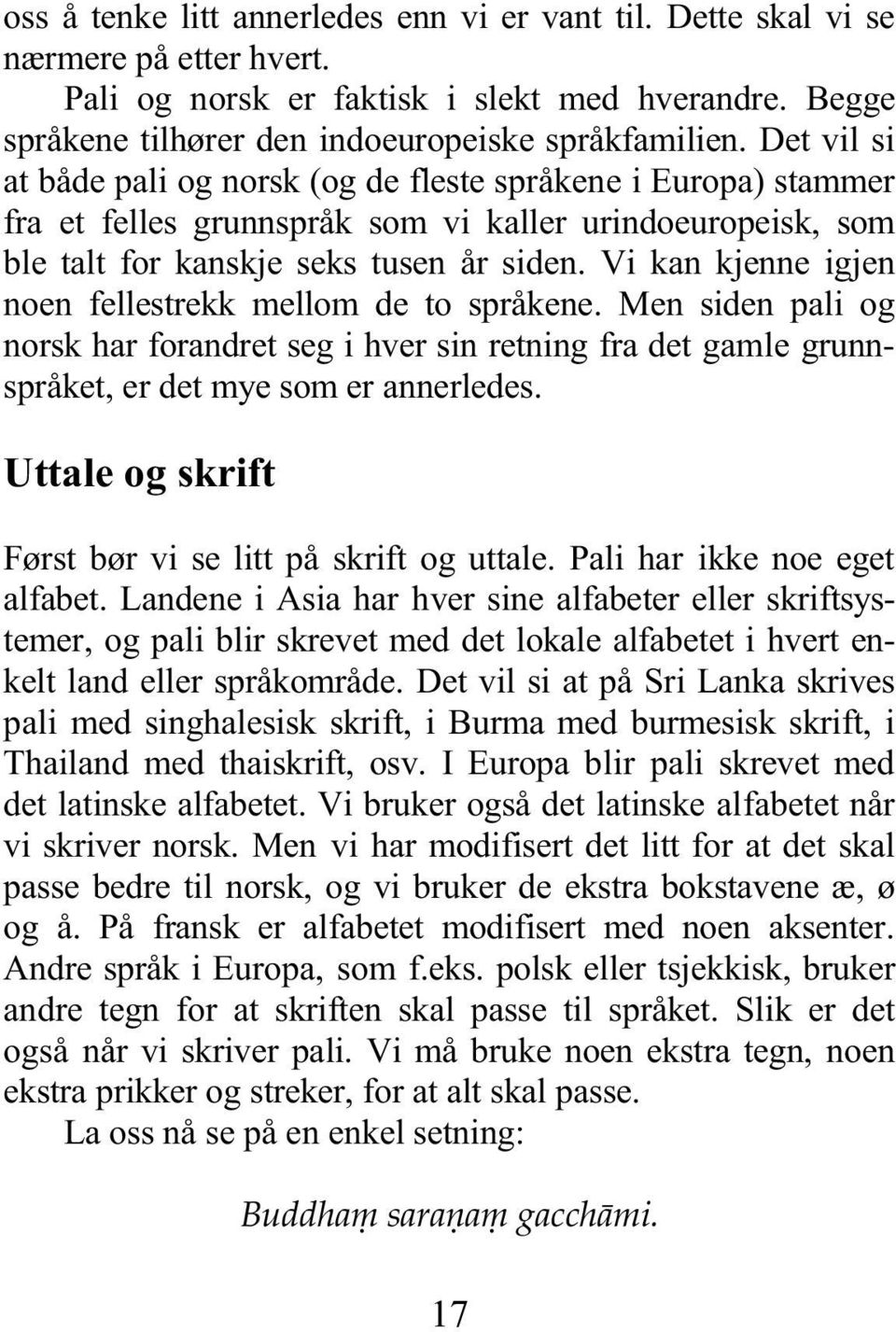 Vi kan kjenne igjen noen fellestrekk mellom de to språkene. Men siden pali og norsk har forandret seg i hver sin retning fra det gamle grunnspråket, er det mye som er annerledes.