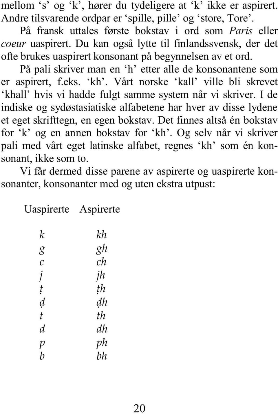 Vårt norske kall ville bli skrevet khall hvis vi hadde fulgt samme system når vi skriver. I de indiske og sydøstasiatiske alfabetene har hver av disse lydene et eget skrifttegn, en egen bokstav.