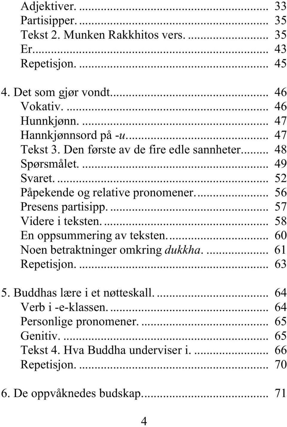 .. 56 Presens partisipp.... 57 Videre i teksten... 58 En oppsummering av teksten... 60 Noen betraktninger omkring dukkha.... 61 Repetisjon.... 63 5.