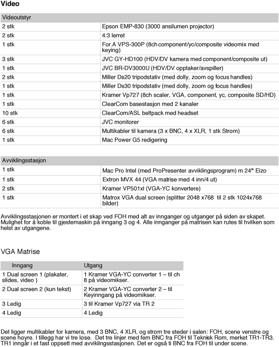 tripodstativ (med dolly, zoom og focus handles) 1 stk Miller Ds30 tripodstativ (med dolly, zoom og focus handles) 1 stk Kramer Vp727 (8ch scaler, VGA, component, yc, composite SD/HD) 1 stk ClearCom