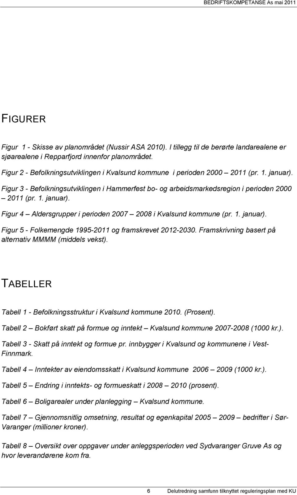 1. januar). Figur 5 - Folkemengde 1995-2011 og framskrevet 2012-2030. Framskrivning basert på alternativ MMMM (middels vekst). TABELLER Tabell 1 - Befolkningsstruktur i Kvalsund kommune 2010.