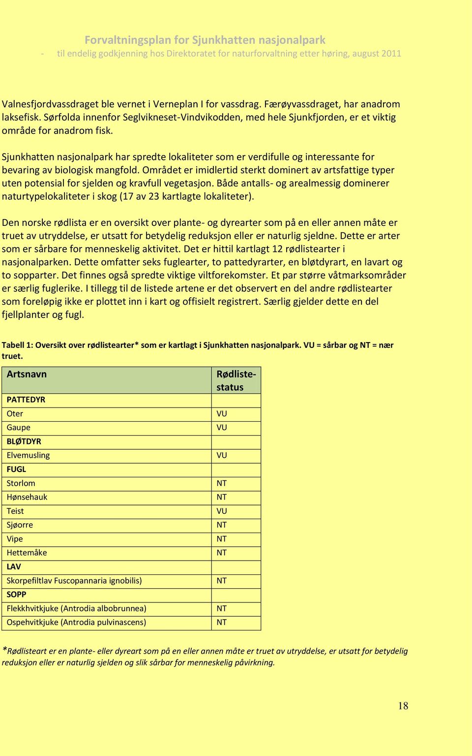 Sjunkhatten nasjonalpark har spredte lokaliteter som er verdifulle og interessante for bevaring av biologisk mangfold.