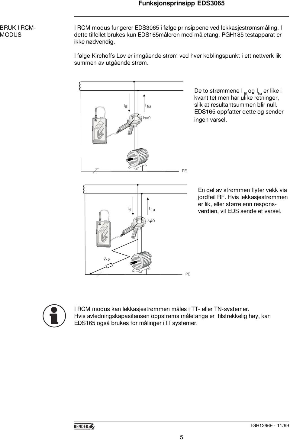 I til I fra ID=0 De to strømmene I til og I fra er like i kvantitet men har ulike retninger, slik at resultantsummen blir null. EDS165 oppfatter dette og sender ingen varsel.