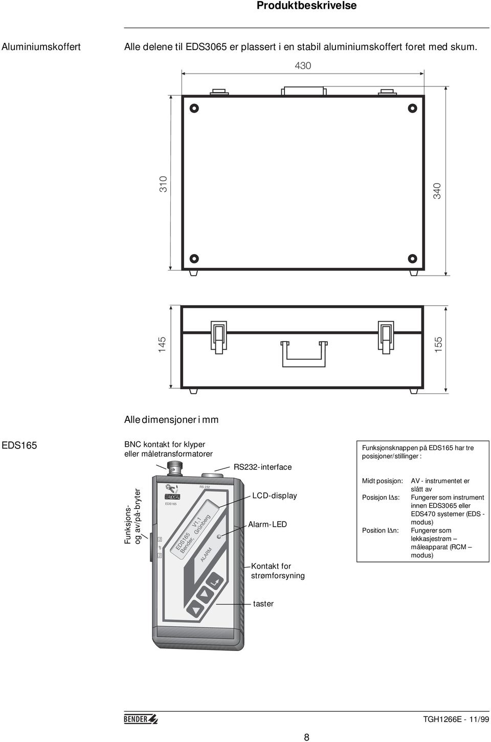 har tre posisjoner/stillinger : Funksjonsog av/på-bryter LCD-display Alarm-LED Kontakt for strømforsyning Midt posisjon: Posisjon I s: