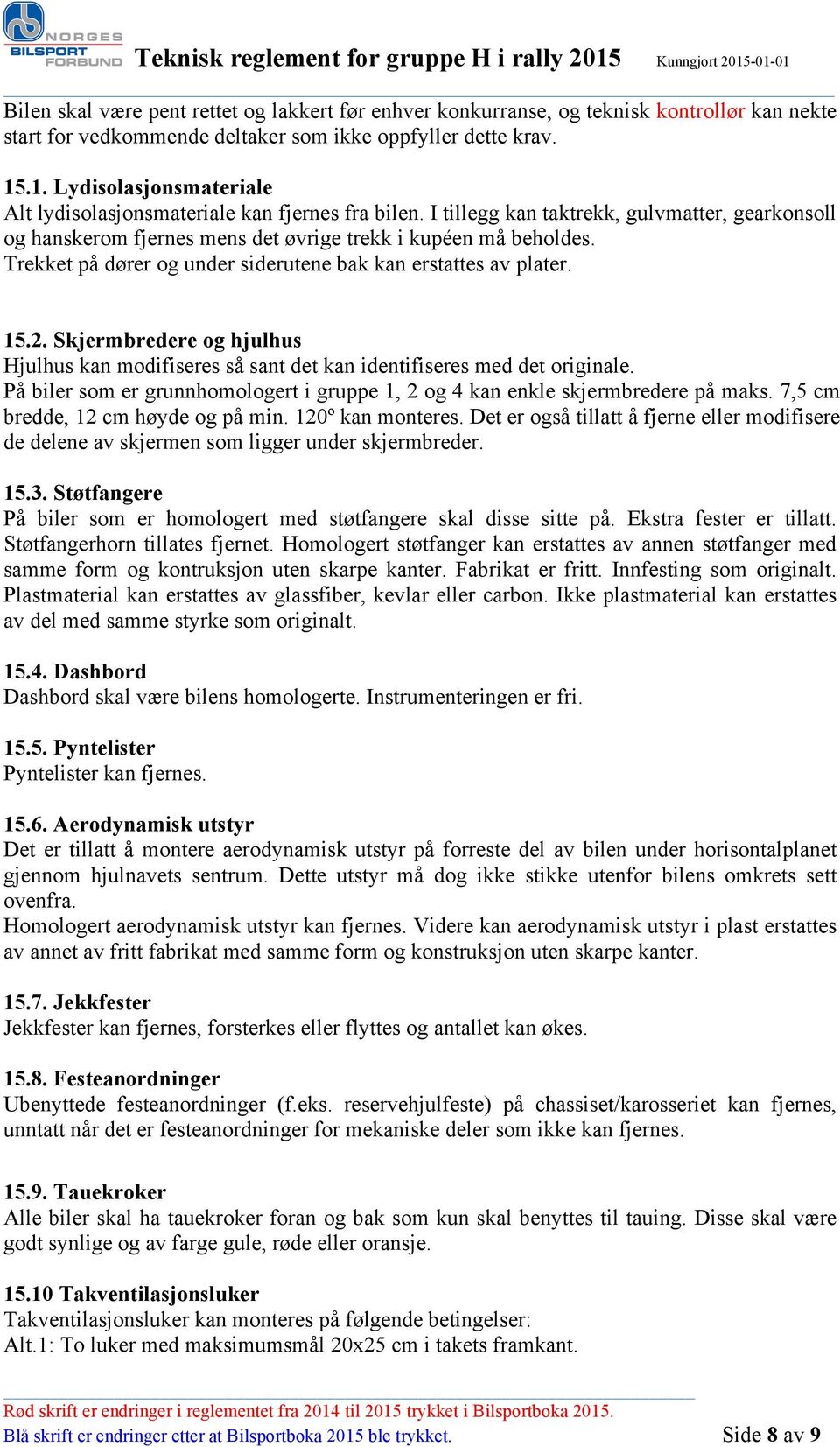 Trekket på dører og under siderutene bak kan erstattes av plater. 15.2. Skjermbredere og hjulhus Hjulhus kan modifiseres så sant det kan identifiseres med det originale.