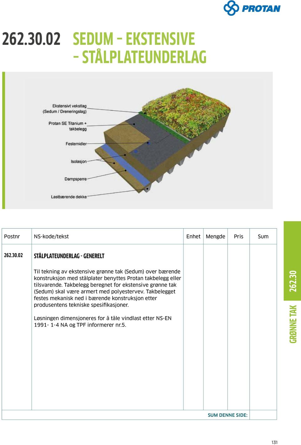 grønne tak (Sedum) over bærende konstruksjon med stålplater benyttes Protan takbelegg eller tilsvarende.