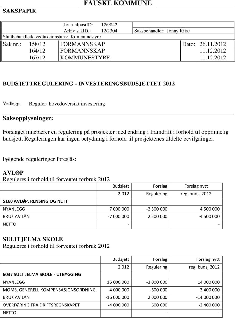 regulering på prosjekter med endring i framdrift i forhold til opprinnelig budsjett. Reguleringen har ingen betydning i forhold til prosjektenes tildelte bevilgninger.