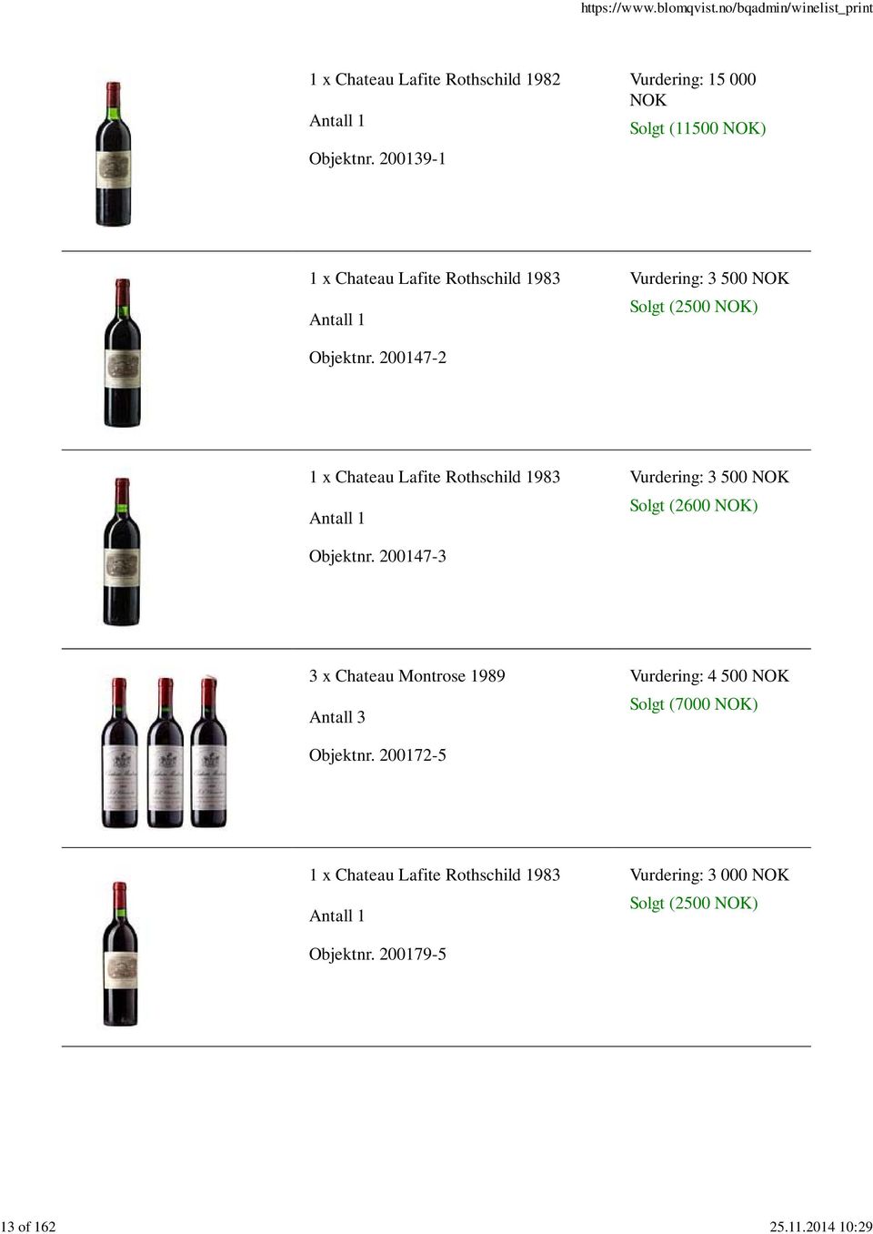 NOK) Objektnr. 200147-2 1 x Chateau Lafite Rothschild 1983 Vurdering: 3 500 NOK Solgt (2600 NOK) Objektnr.