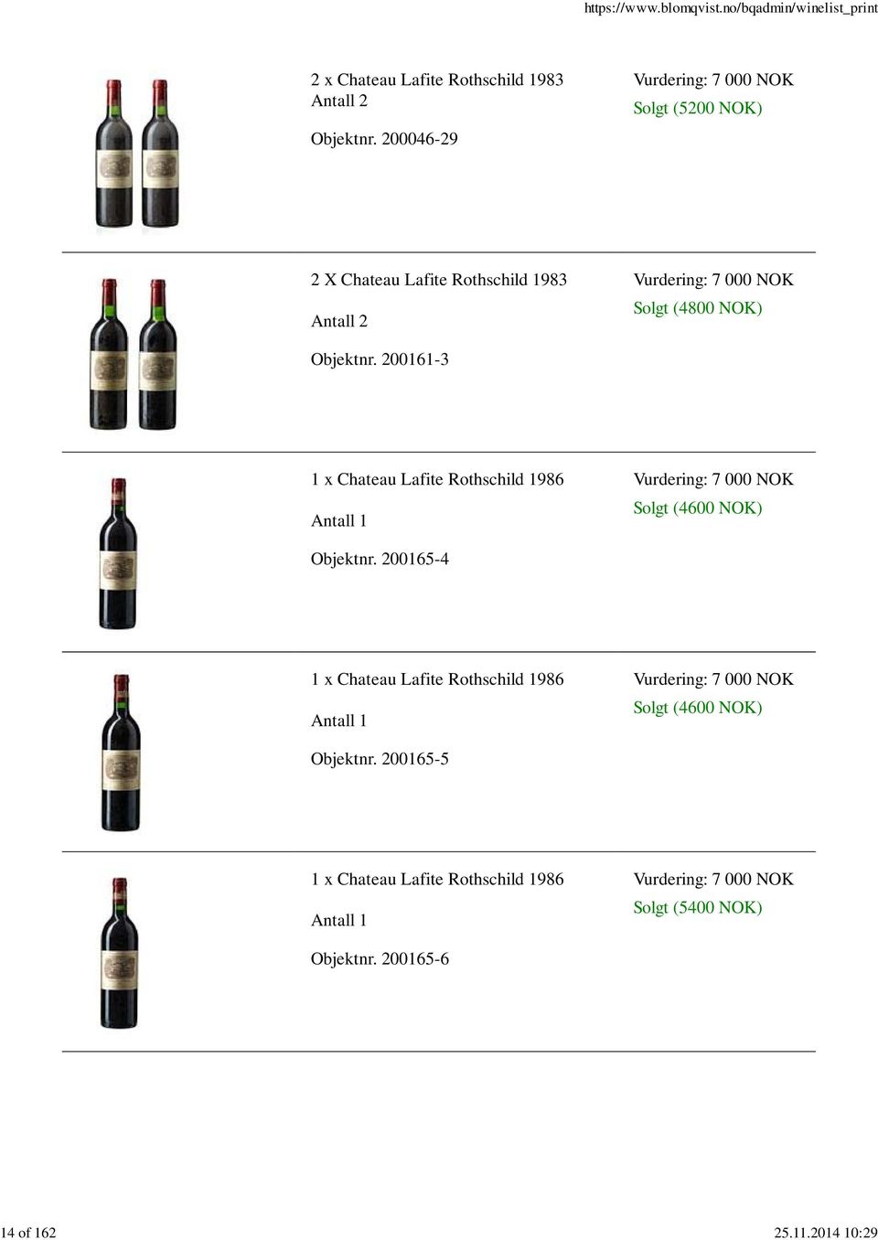 Objektnr. 200161-3 1 x Chateau Lafite Rothschild 1986 Vurdering: 7 000 NOK Solgt (4600 NOK) Objektnr.