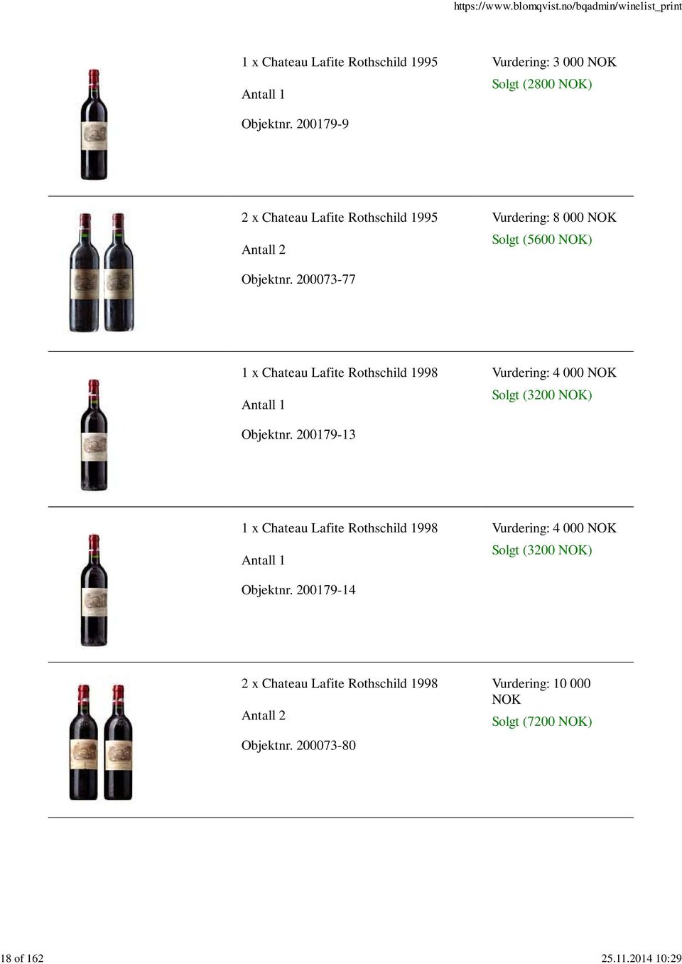 200073-77 1 x Chateau Lafite Rothschild 1998 Vurdering: 4 000 NOK Solgt (3200 NOK) Objektnr.