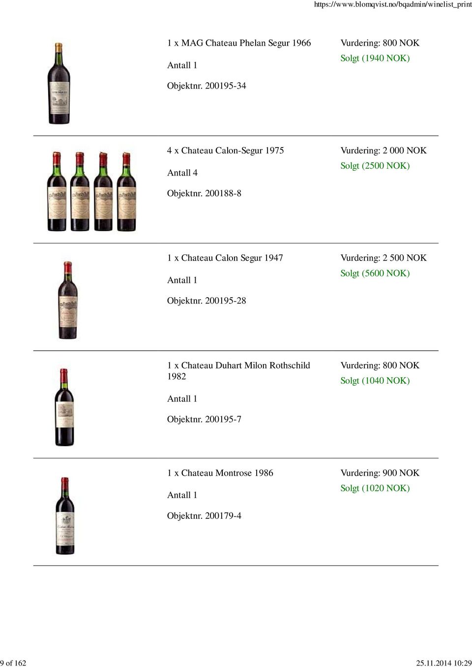 200188-8 1 x Chateau Calon Segur 1947 Vurdering: 2 500 NOK Solgt (5600 NOK) Objektnr.