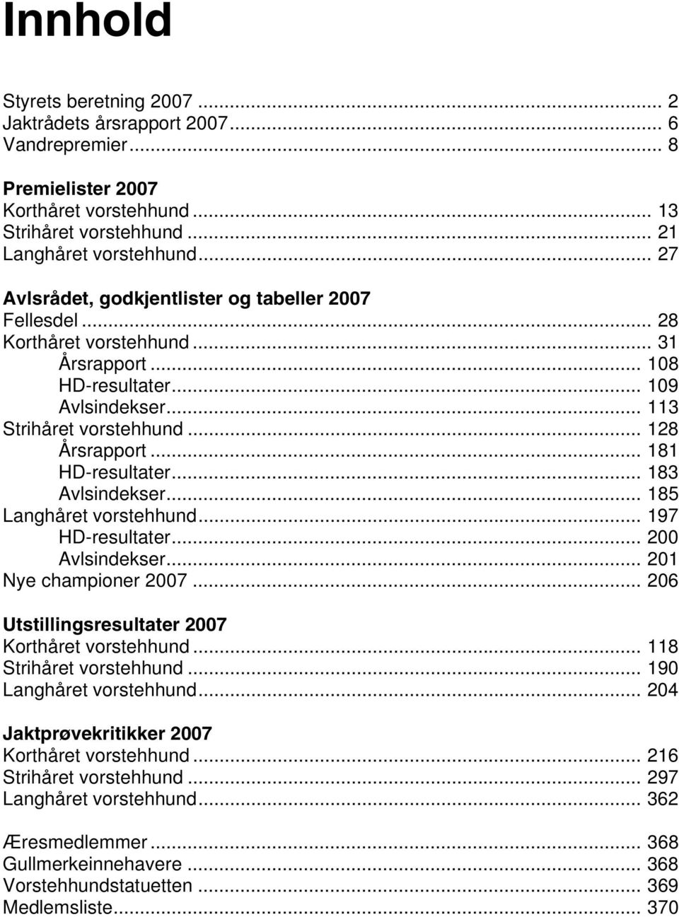 .. 8 HD-resultater... 83 Avlsindekser... 85 Langhåret vorstehhund... 97 HD-resultater... Avlsindekser... Nye championer 7... 6 Utstillingsresultater 7 Korthåret vorstehhund.