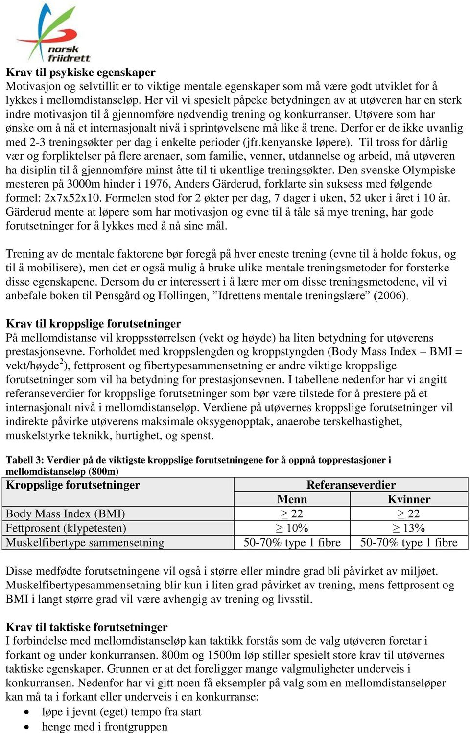 Utøvere som har ønske om å nå et internasjonalt nivå i sprintøvelsene må like å trene. Derfor er de ikke uvanlig med 2-3 treningsøkter per dag i enkelte perioder (jfr.kenyanske løpere).