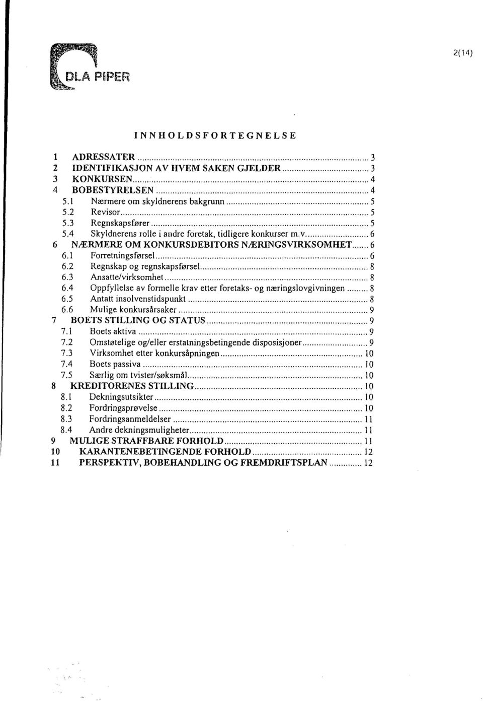 .....,... 6 6.2 Regnskap og regnskapsfsrsel....,...,...,... 8 6.3 Arsatte/virksomiet...8 6.4 Oppfyllelse av formelle krav etter foretaks- og nreringslovgivningen... 8 6.5 Antatt insolvenstidspunkt,.