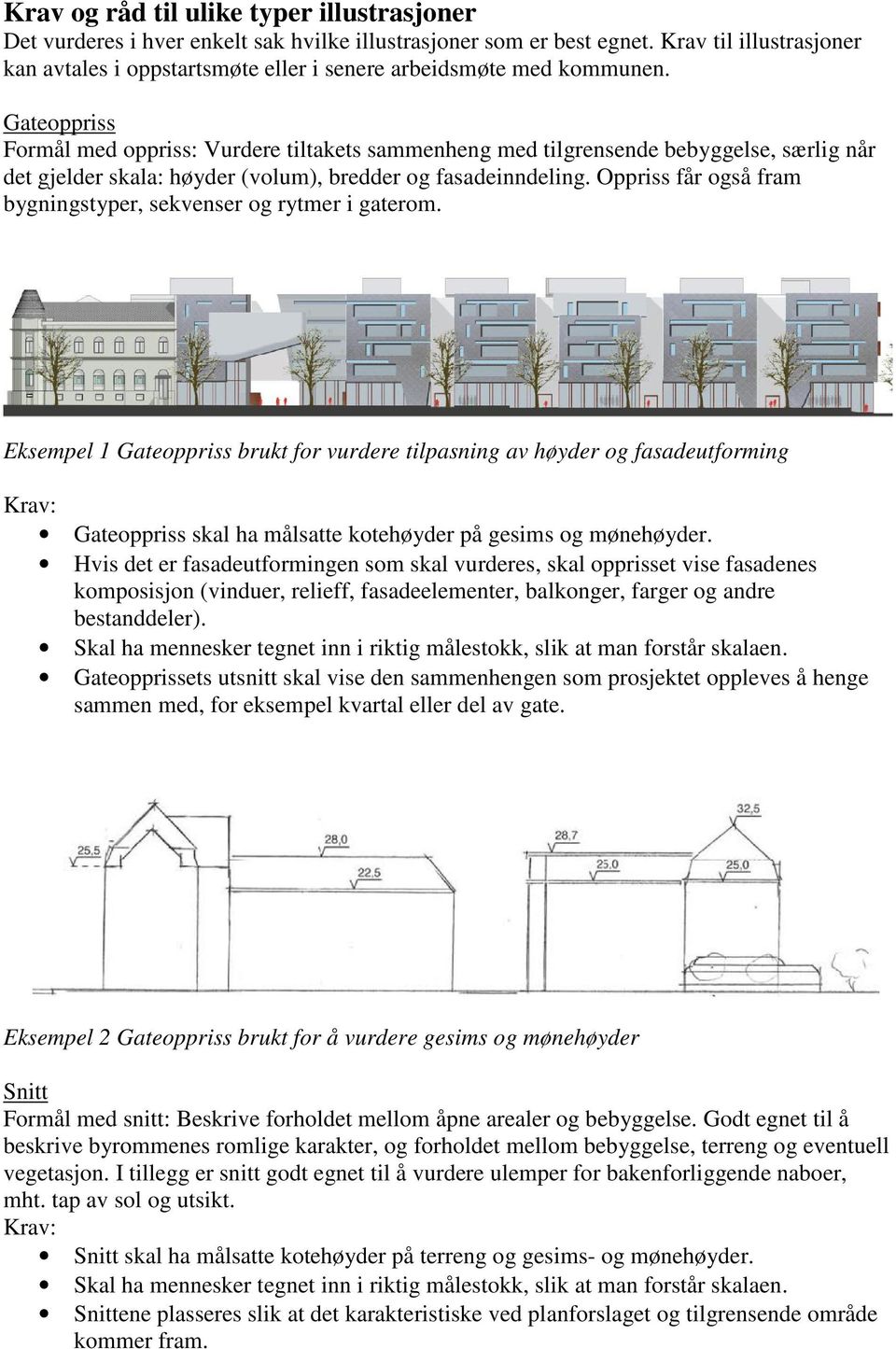 Gateoppriss Formål med oppriss: Vurdere tiltakets sammenheng med tilgrensende bebyggelse, særlig når det gjelder skala: høyder (volum), bredder og fasadeinndeling.
