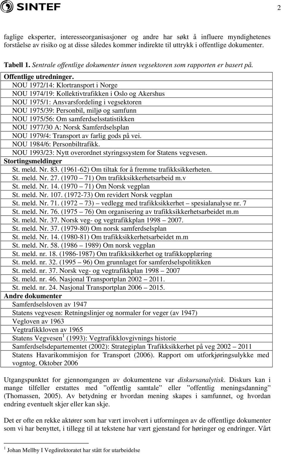 NOU 1972/14: Klortransport i Norge NOU 1974/19: Kollektivtrafikken i Oslo og Akershus NOU 1975/1: Ansvarsfordeling i vegsektoren NOU 1975/39: Personbil, miljø og samfunn NOU 1975/56: Om